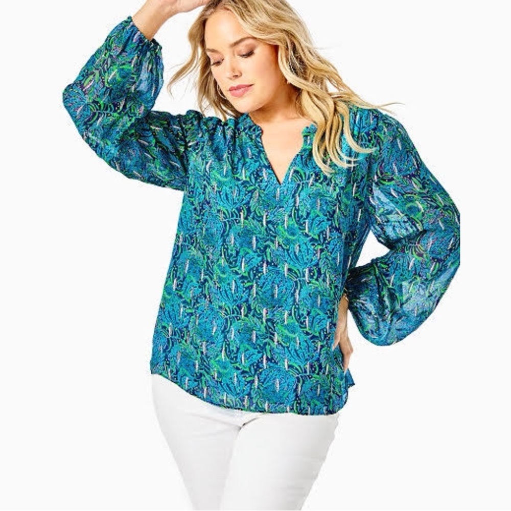 Lily Pulitzer Women’s Printed Long Sleeve Green Blue Ruffle Top size Medium
